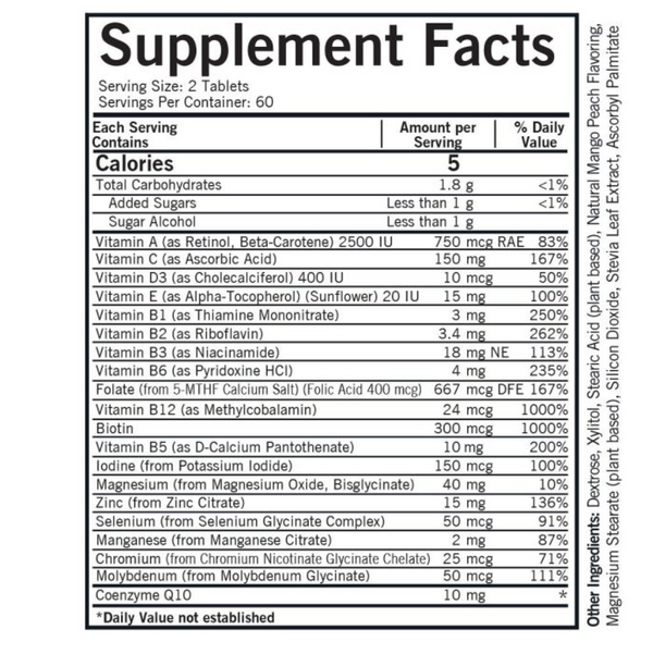 Gyerekeknek szánt RÁGHATÓ Multivitamin/Ásványi anyag tabletták 5-MTHF-fel a Kirkman-tól
