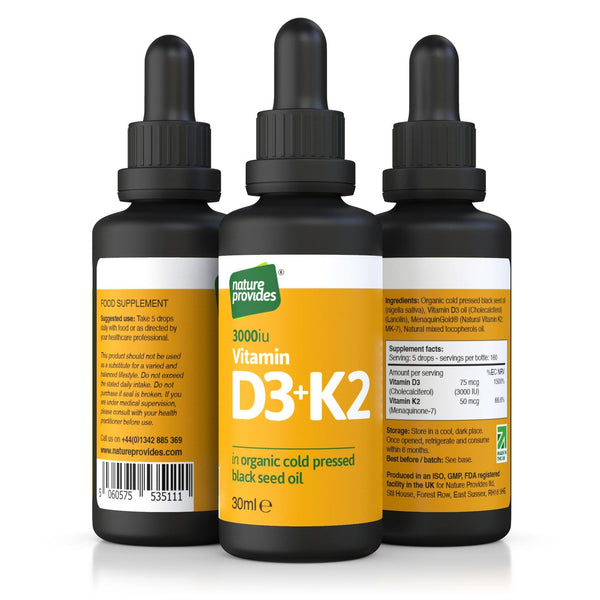 *90 % de réduction le 28 décembre 2023 * Vitamine D3 (3 000 UI) et K2 (MK-7) dans de l'huile de graines noires biologique 30 ml