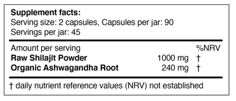 Shilajit Ayurvedic + Rădăcină organică de Ashwagandha 90 capsule vegane