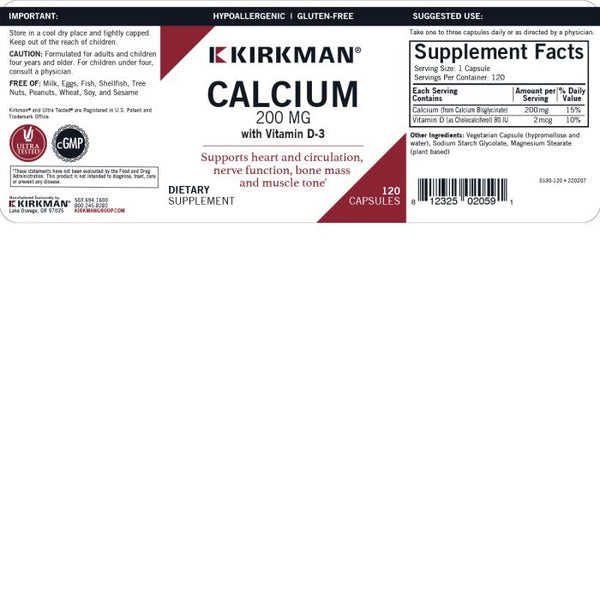 Calcium 200mg w/ D3 Hypoallergenic 120 Capsules